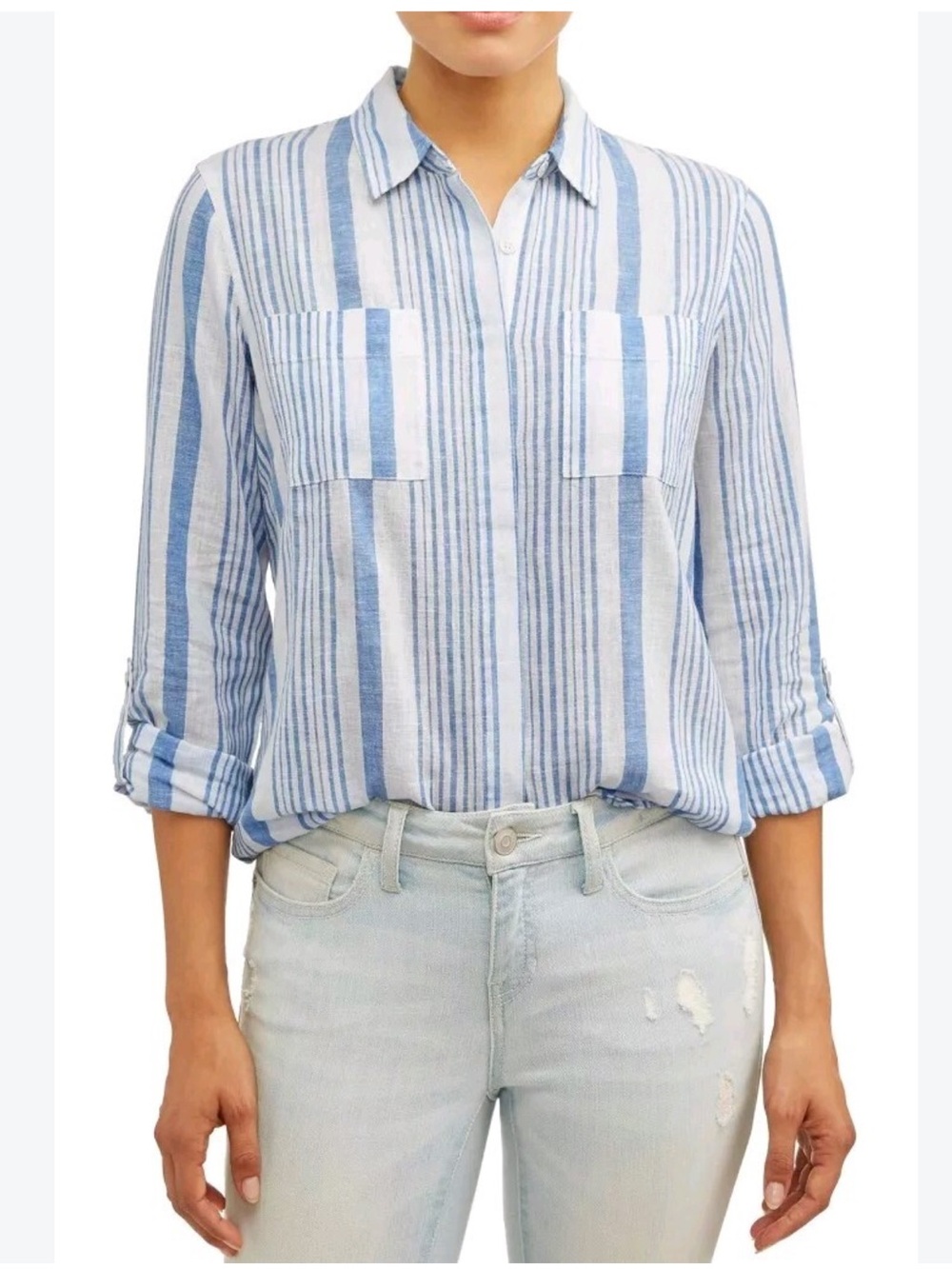 Per Se Light Blue and White linen blend Vertical Stripe Button-Down Shirt XL
